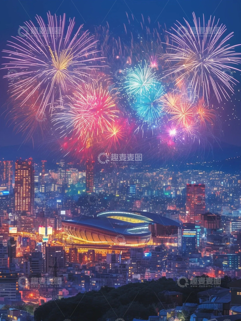高清大图下载【趣麦麦图】-节日烟花下的城市盛景