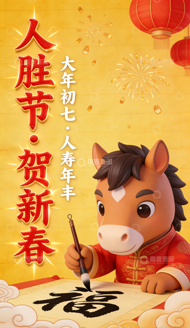 高清大图下载【趣麦麦图】大年初七人胜节卡通马写福字喜庆新春设计图