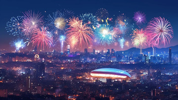 城市夜景里的烟花璀璨