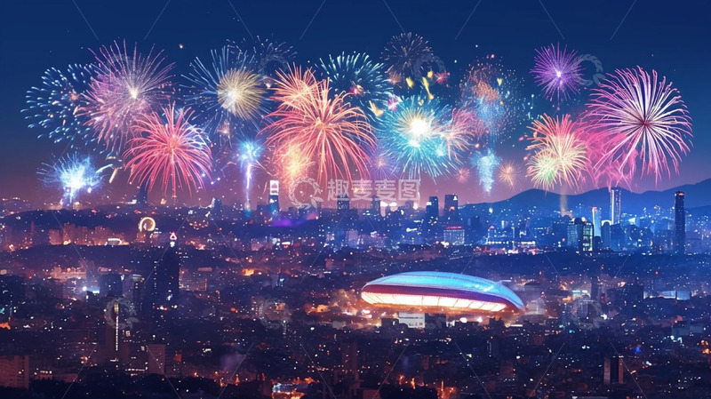 高清大图下载【趣麦麦图】-城市夜景里的烟花璀璨