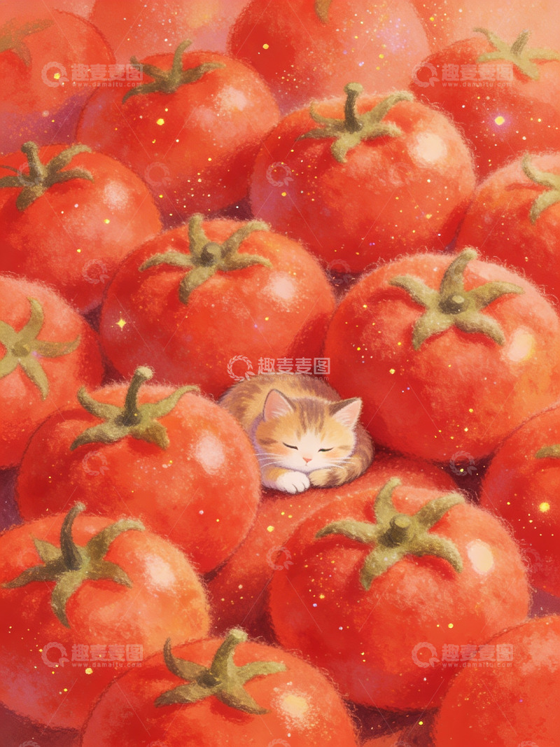 高清大图下载【趣麦麦图】番茄中沉睡小猫插画