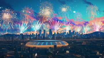 城市夜空中的烟花绽放