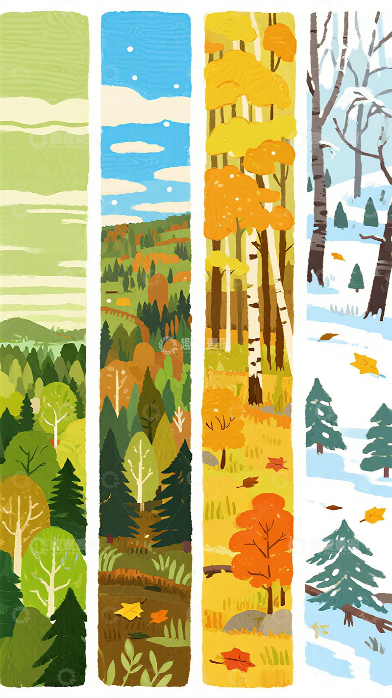 高清大图下载【趣麦麦图】四季森林插画设计素材