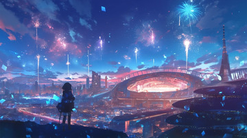 绚烂烟花下的城市夜景