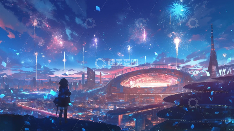 高清大图下载【趣麦麦图】-绚烂烟花下的城市夜景