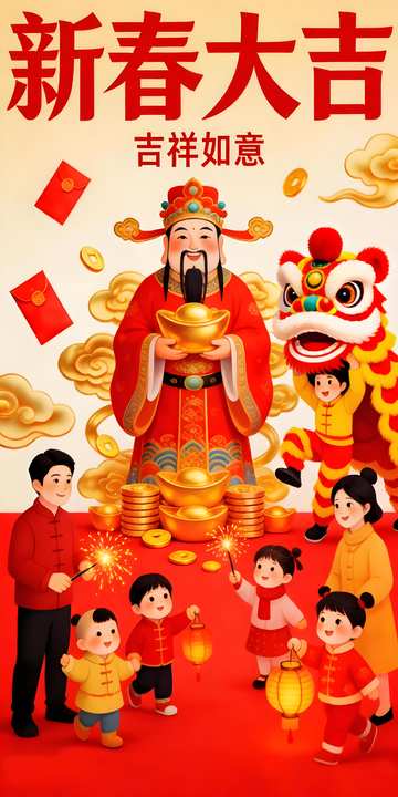 新春大吉吉祥如意插画海报