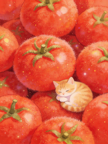 番茄背景可爱猫咪插画