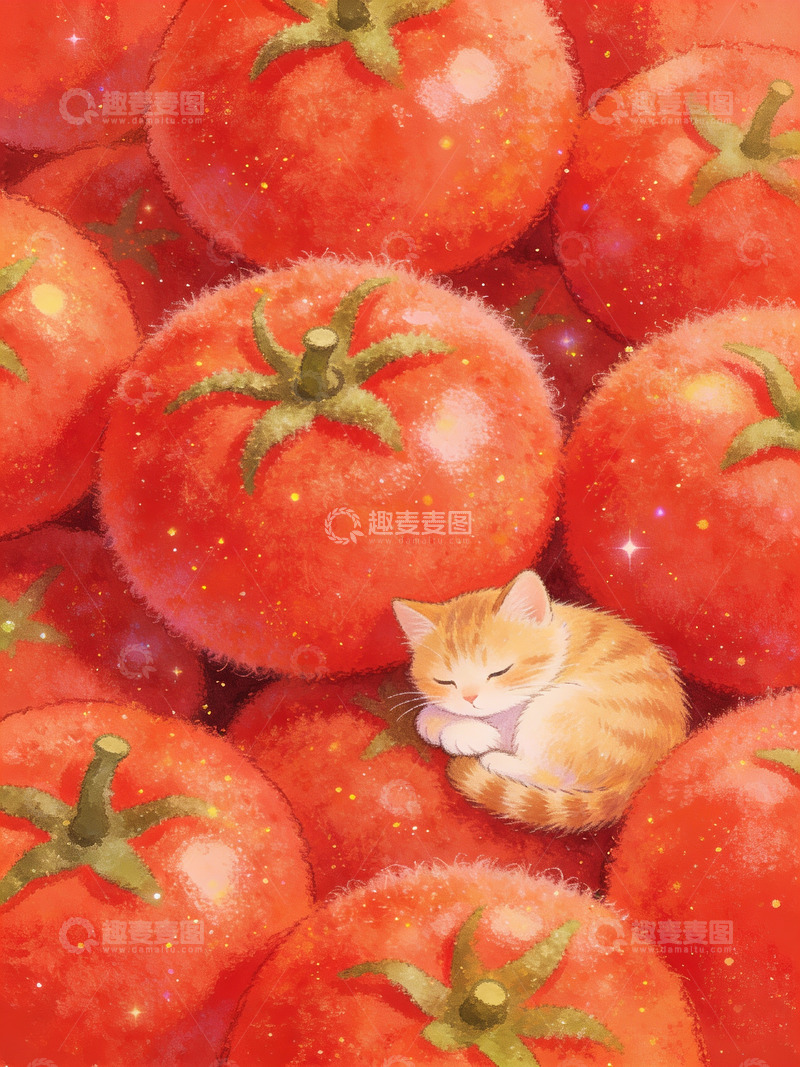高清大图下载【趣麦麦图】番茄背景可爱猫咪插画