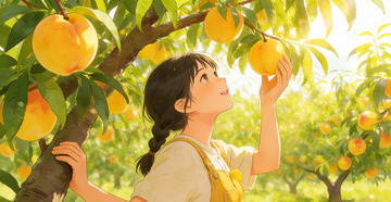 阳光果园少女摘桃插画