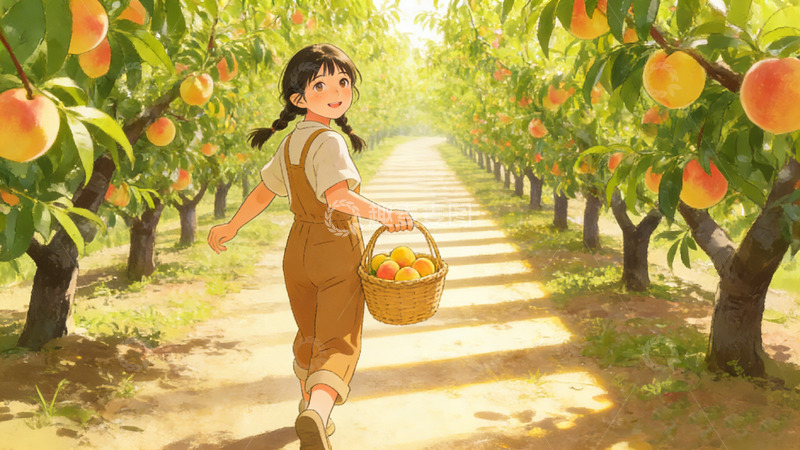 高清大图下载【趣麦麦图】果园少女采摘插画