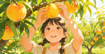 果园少女采摘桃树插画