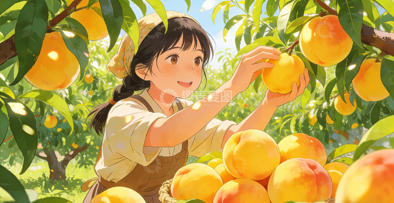 高清大图下载【趣麦麦图】田园风少女摘桃插画素材黄桃