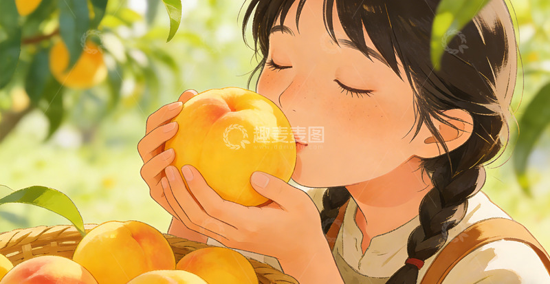 高清大图下载【趣麦麦图】田园风女孩摘桃子插画素材