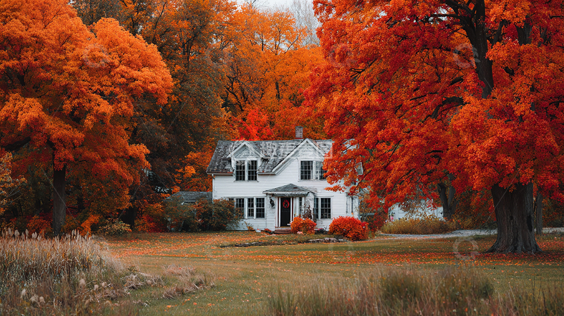 高清大图下载【趣麦麦图】秋日林中白色小屋