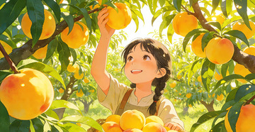 卡通果园采摘桃子插画