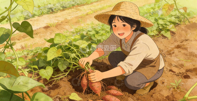 高清大图下载【趣麦麦图】田园风少女挖红薯插画素材