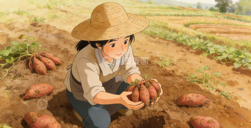 高清大图下载【趣麦麦图】田园农忙动漫插画红薯收获场景