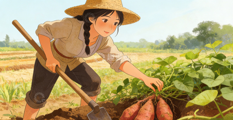 高清大图下载【趣麦麦图】田园风光少女耕作插画