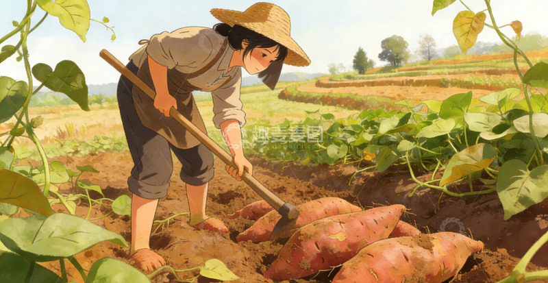 高清大图下载【趣麦麦图】田园劳作女子插画红薯耕作