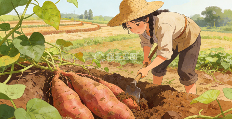 高清大图下载【趣麦麦图】田园风女孩挖红薯插画素材