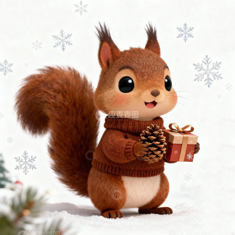 高清大图下载【趣麦麦图】圣诞节松鼠礼物卡通插画素材