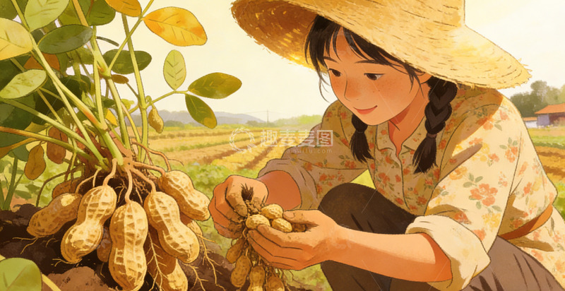 高清大图下载【趣麦麦图】田园风女孩收获花生插画素材