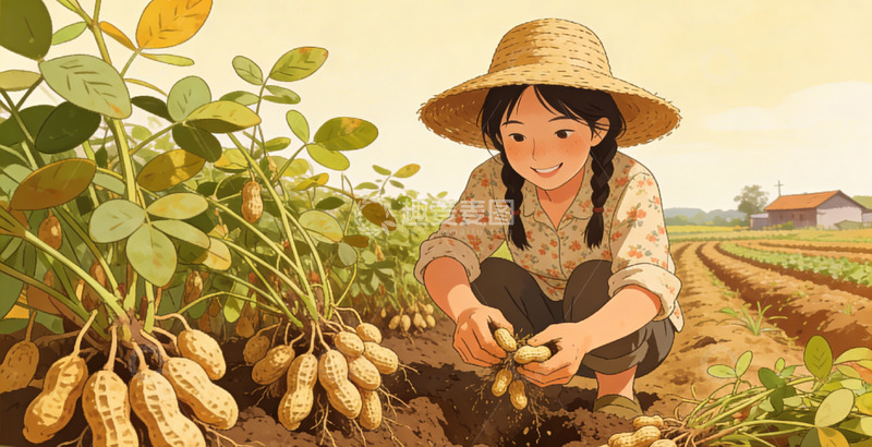 高清大图下载【趣麦麦图】田园风光农妇采摘花生插画素材