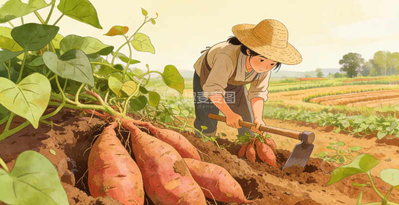 高清大图下载【趣麦麦图】田园风光农民挖红薯插画