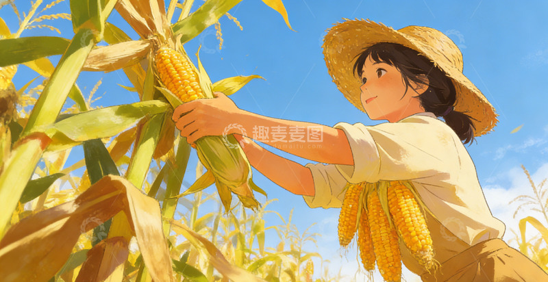 高清大图下载【趣麦麦图】田园风少女摘玉米包装插画素材