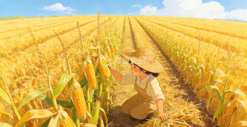 高清大图下载【趣麦麦图】田园风丰收玉米农民插画