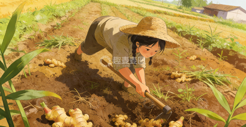 高清大图下载【趣麦麦图】田园耕作少女生姜插画