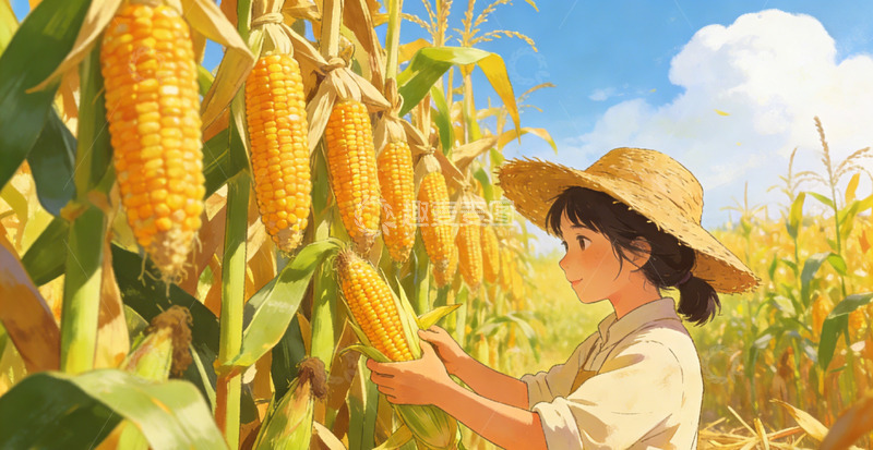 高清大图下载【趣麦麦图】田园风少女玉米地插画素材