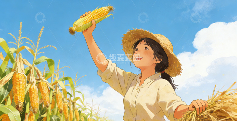 高清大图下载【趣麦麦图】田园风少女丰收玉米插画