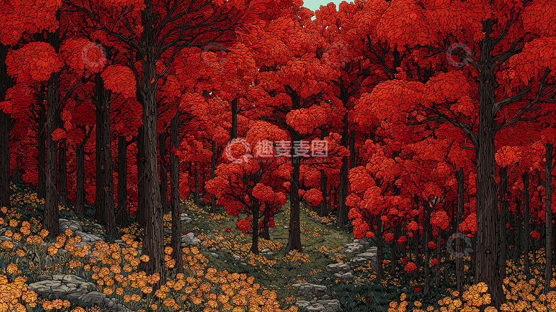 高清大图下载【趣麦麦图】秋日红叶森林奇景