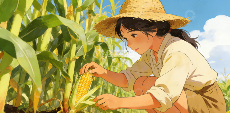 高清大图下载【趣麦麦图】田园风少女采摘玉米插画