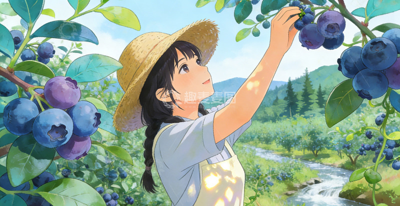 高清大图下载【趣麦麦图】田园风蓝莓采摘插画设计素材