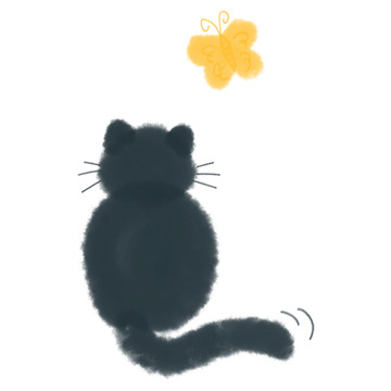 水墨画黑猫蝴蝶插画