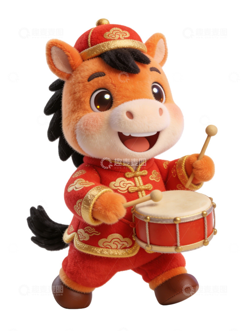 高清大图下载【趣麦麦图】卡通牛打鼓吉祥物