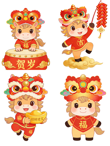 2026马年新春国潮国风萌马贺岁插画元素