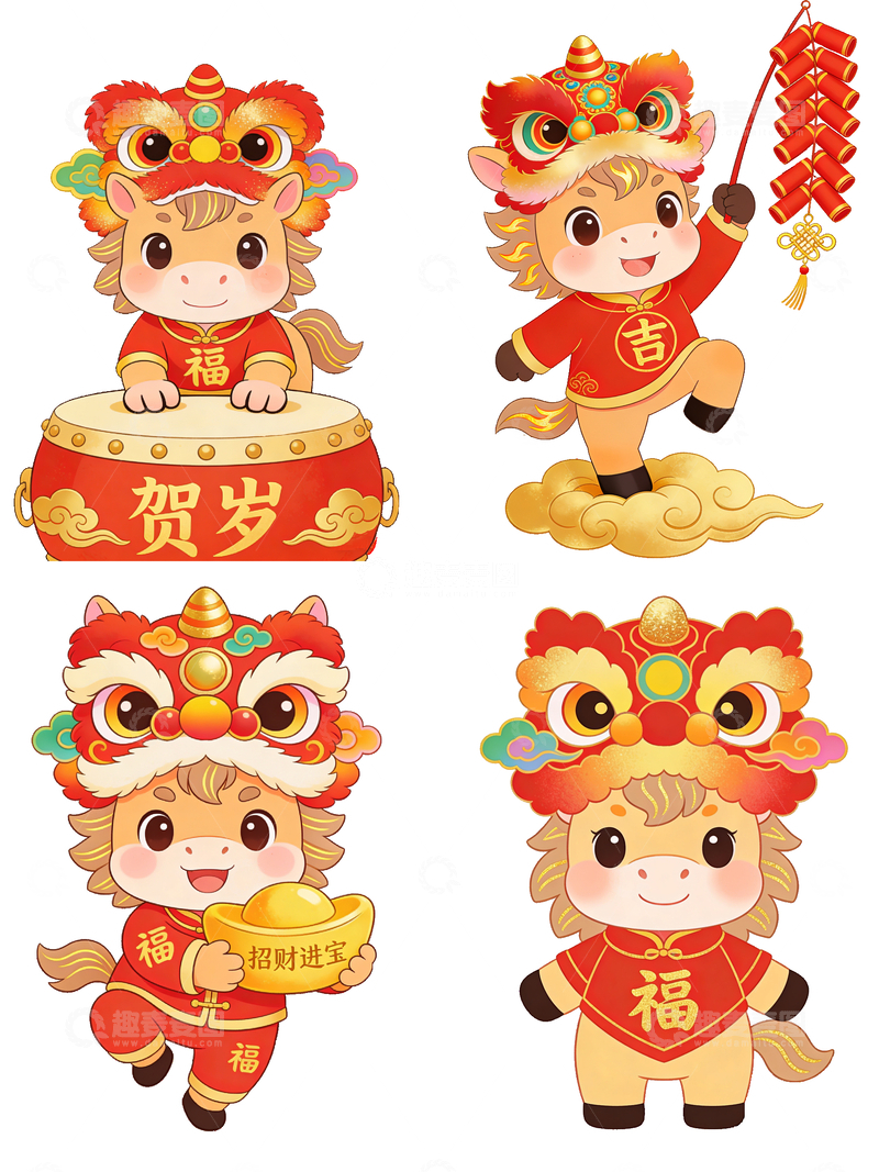 源文件下载【趣麦麦图】2026马年新春国潮国风萌马贺岁插画元素