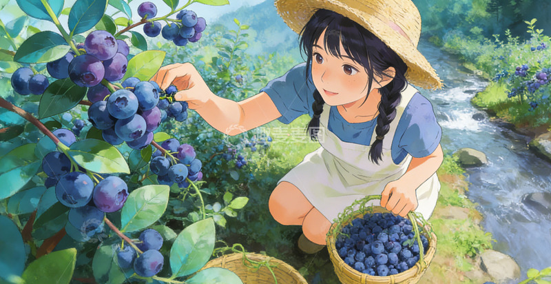 高清大图下载【趣麦麦图】田园风采摘蓝莓少女插画素材