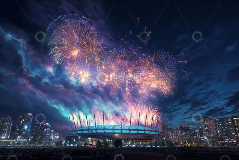高清大图下载【趣麦麦图】体育场上空的绚烂烟花
