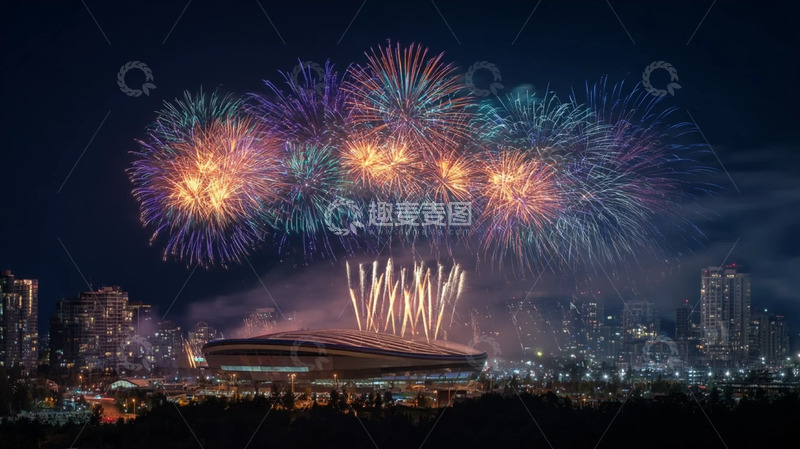 高清大图下载【趣麦麦图】夜景中的体育场烟花秀
