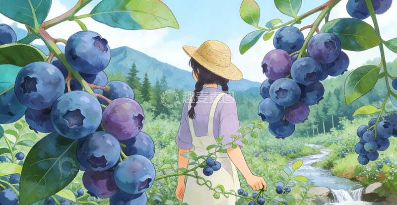 高清大图下载【趣麦麦图】田园风蓝莓采摘包装插画元素