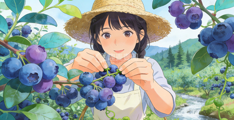 高清大图下载【趣麦麦图】田园风采摘蓝莓少女插画素材
