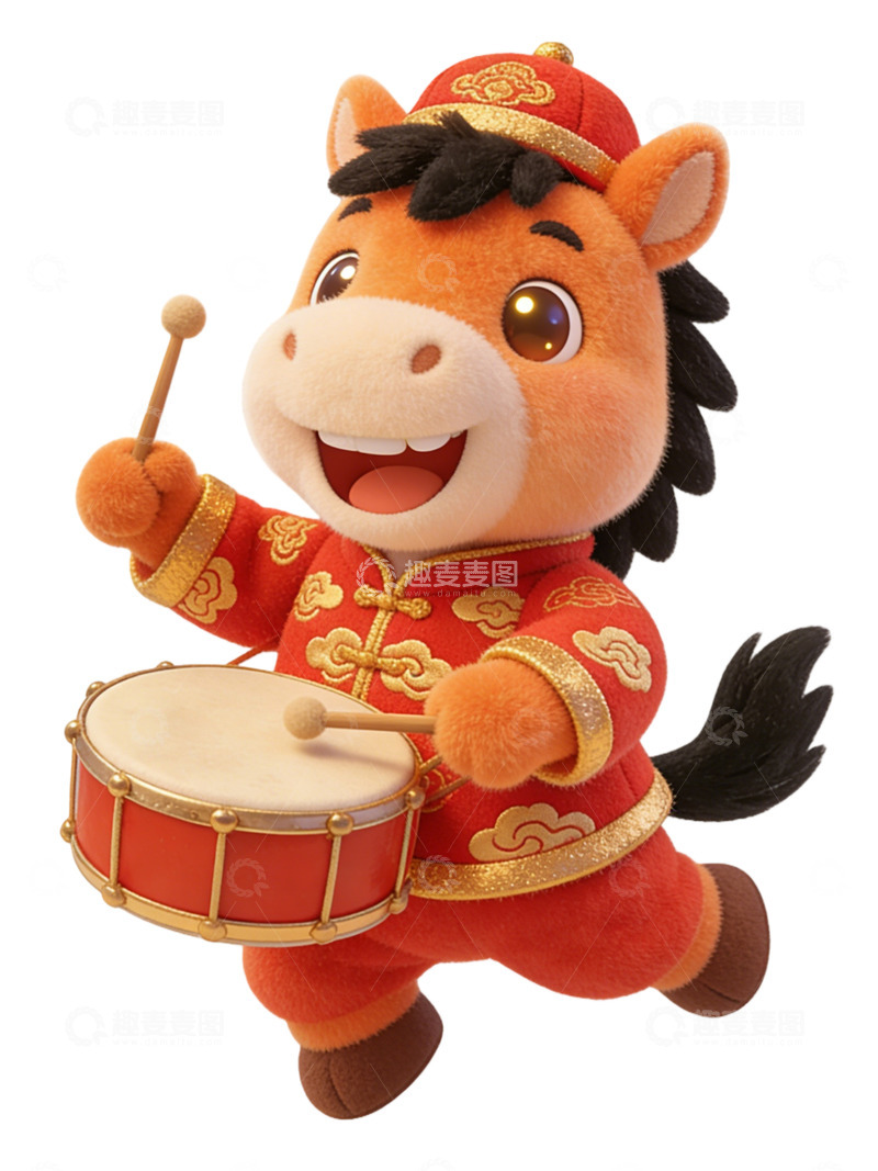 高清大图下载【趣麦麦图】喜庆牛玩偶打鼓卡通形象
