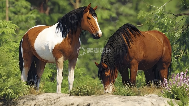 高清大图下载【趣麦麦图】森林中两匹马插画
