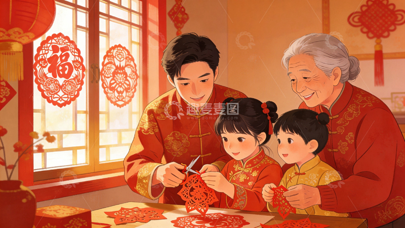 高清大图下载【趣麦麦图】春节家庭剪纸欢乐插画
