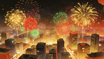 城市夜景烟花插画