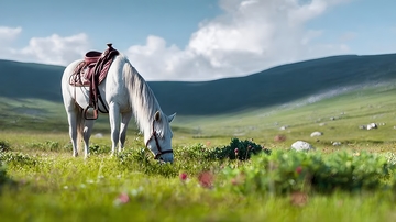 草原白马吃草自然风光摄影